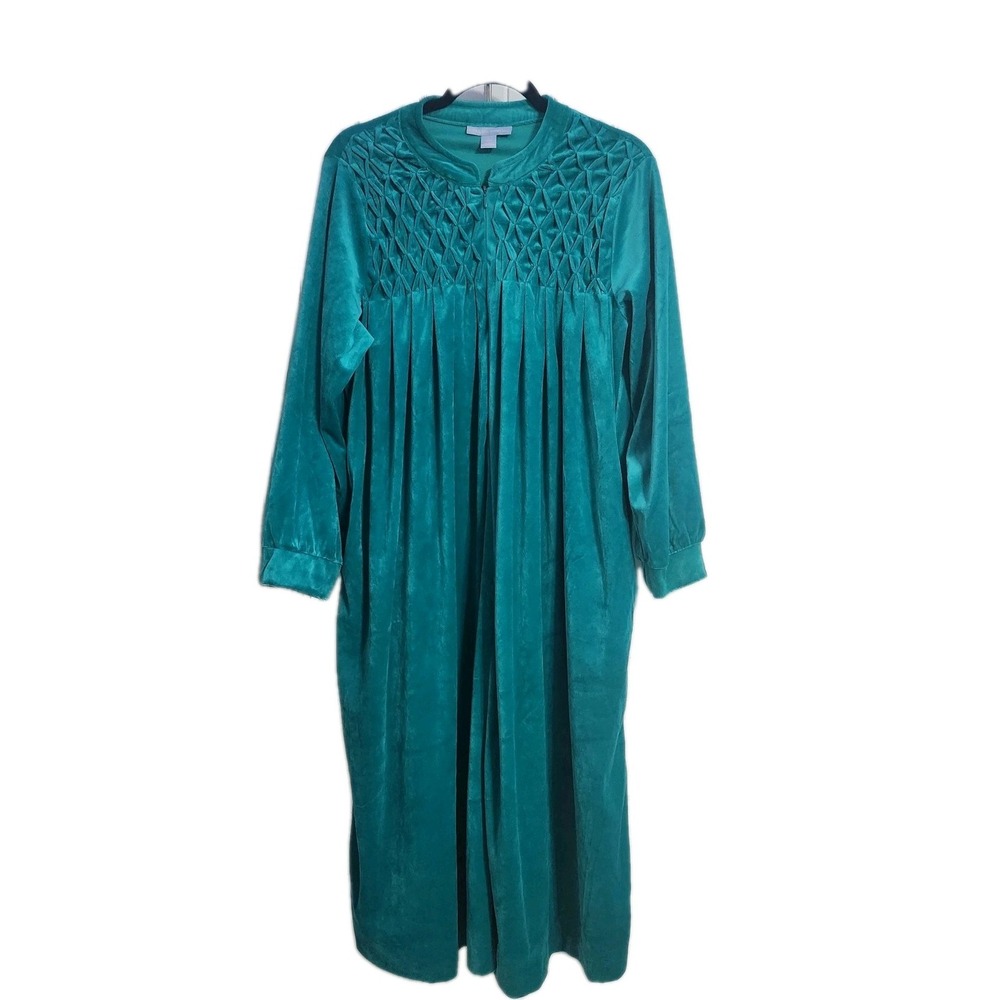Vintage Women 18/20 Green Teal Velour Long Robe House Coat Duster Kaftan Fullzip